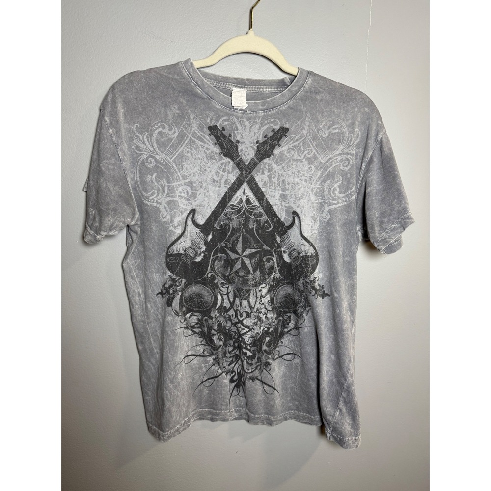 Mens Medium vintage Gray T‎ Shirt Short Sleeve Rock Guitar Skull Star Print Y2K